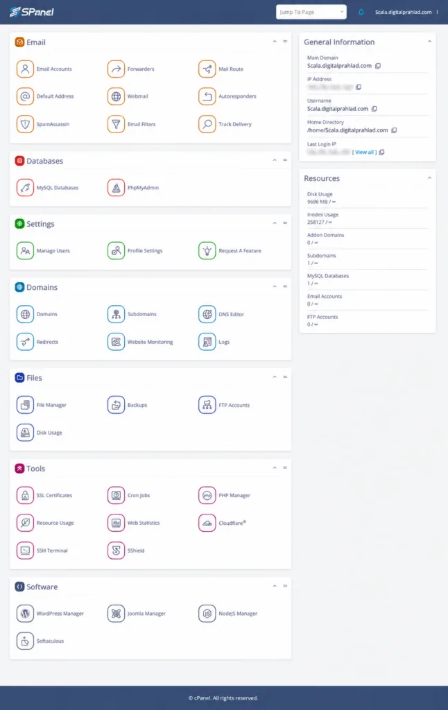 ScalaHosting SPanel dashboard showing Email, Databases, Domains, Files, Tools, and Software sections