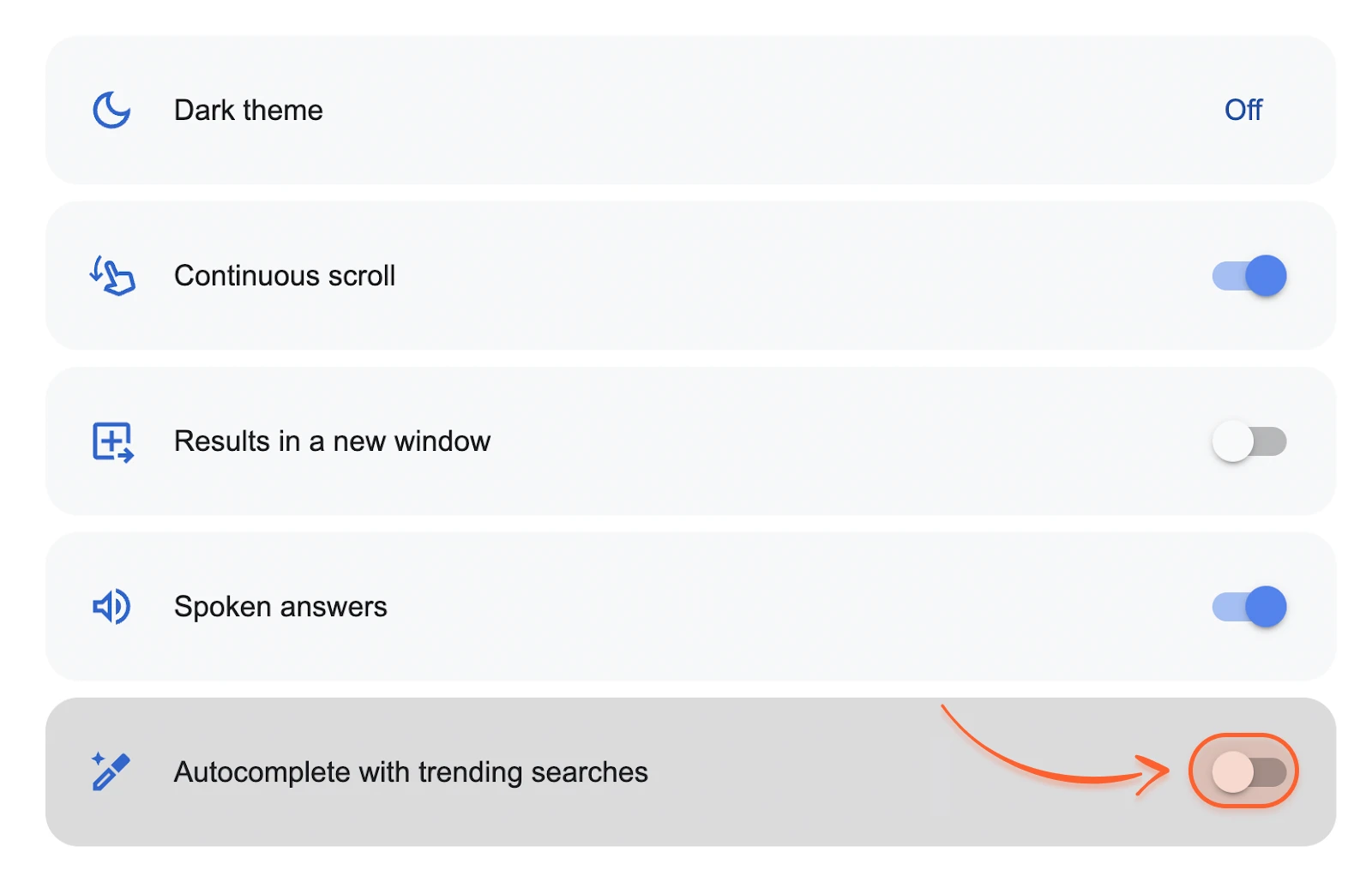 Autocomplete with trending searches toggle switched off on desktop