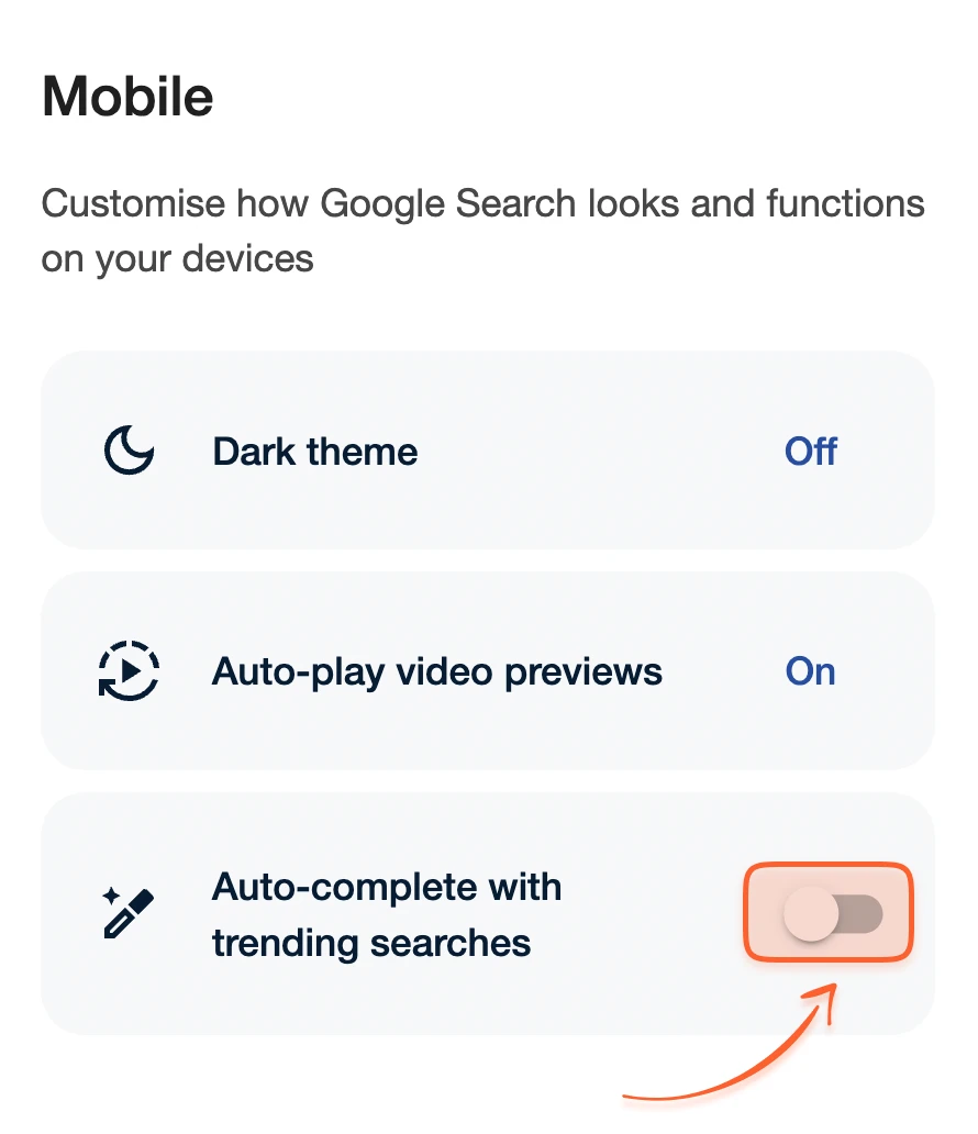 Autocomplete with trending searches toggle switched off on mobile